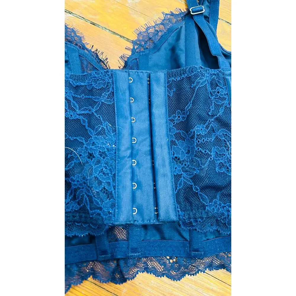 VICTORIA SECRET VS Navy Floral Dream Angel Unlined Lace Up Corset Bra Top sz L